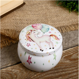 Шкатулка металл круг Единорог и воздушные шарики 