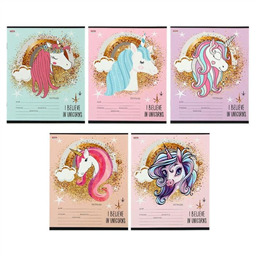 Тетрадь 12 листов в клетку «Единороги и блестки», обложка мелованный картон, блок офсет, МИКС